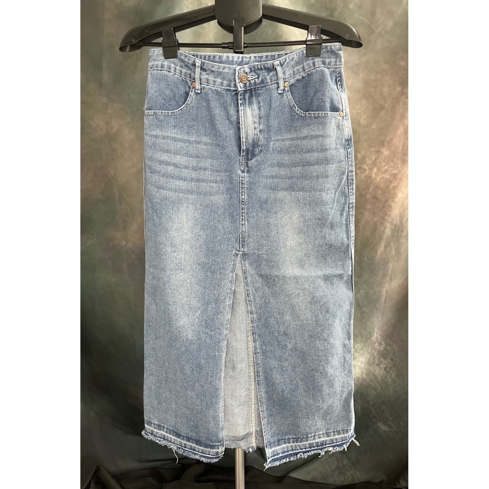Happily Grey Denim Skirt Front Slit Blue Jean Distressed Midi Women's 7/27
